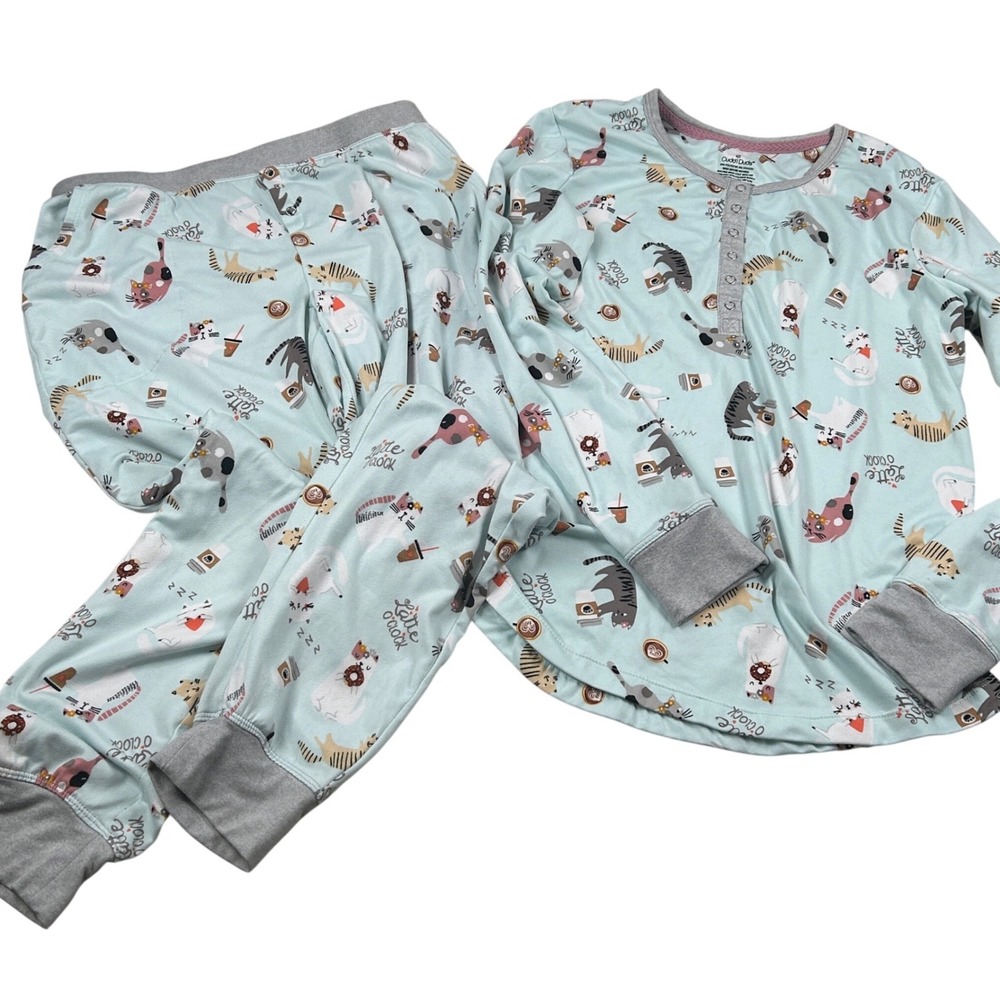 Cuddl Duds Pajama Set Women XS Blue Cat Coffee Latte O'Clock Whimsical Cozy PJs